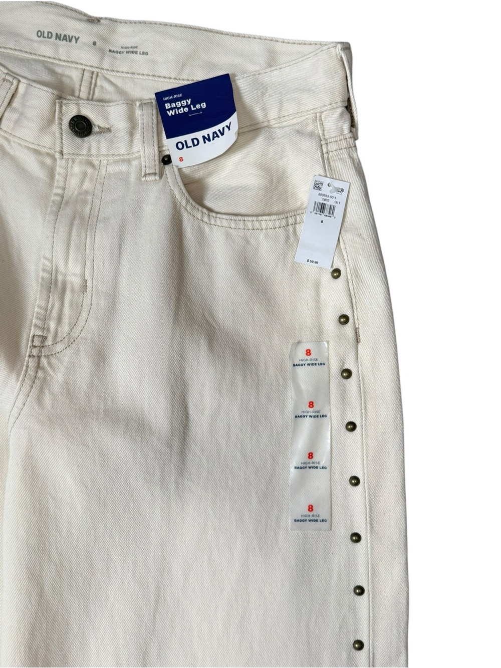 NWT Old Navy High Rise Baggy Wide Leg Studded Jeans Cream Size 8 - Picture 9 of 10